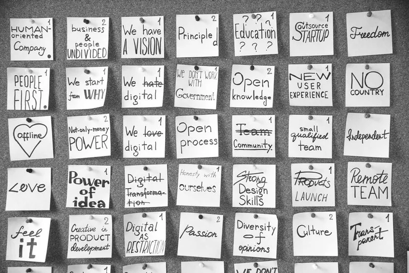 Wand mit handgeschriebenen Werte-Notizzetteln von AHEAD OF TIME — People First, We start from Why, Power of Idea